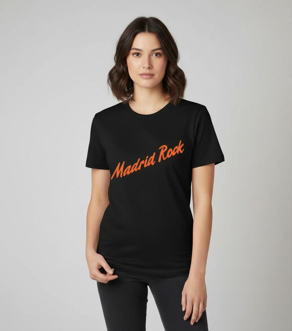 Camiseta Madrid Rock manga corta negra con logo en naranja