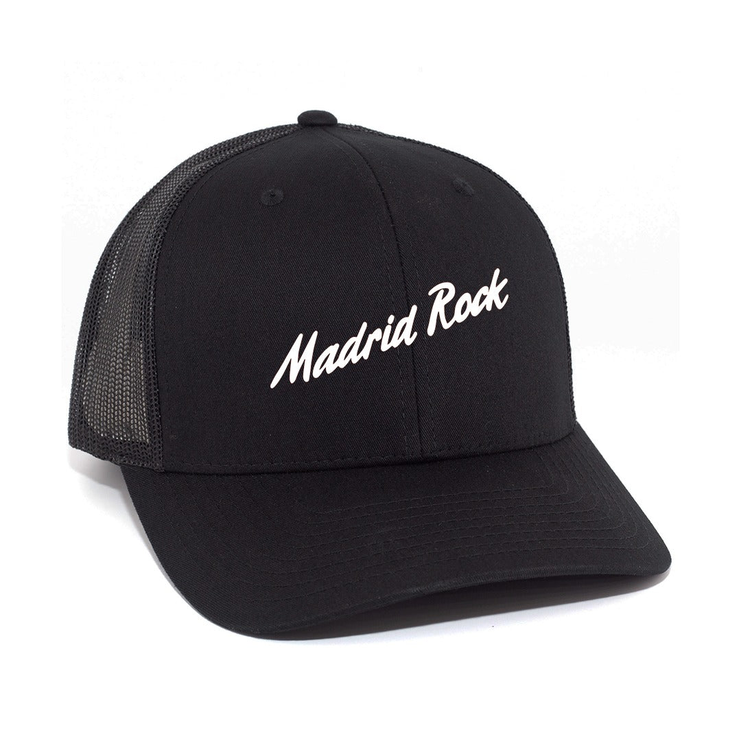 Gorra Negra con logo de Madrid Rock en Blanco