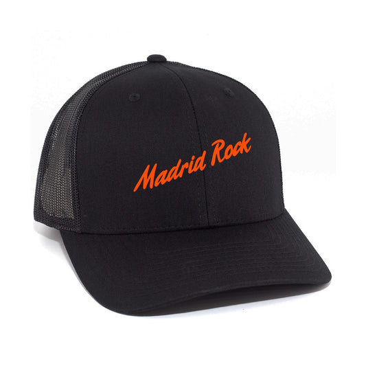 Gorra Negra con logo de Madrid Rock en Naranja