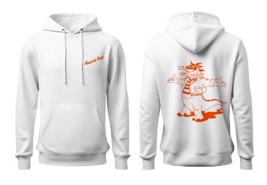 Sudadera Madrid Rock blanca con capucha y logo en naranja