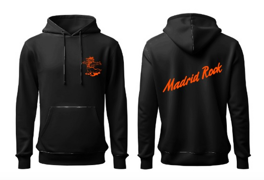 Sudadera Madrid Rock negra con capucha y logo en naranja