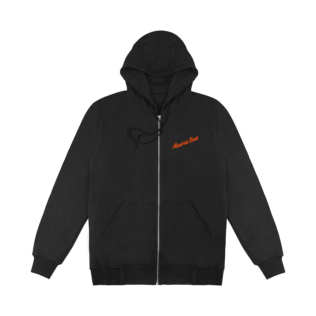 Sudadera con cremallera negra, logo en naranja
